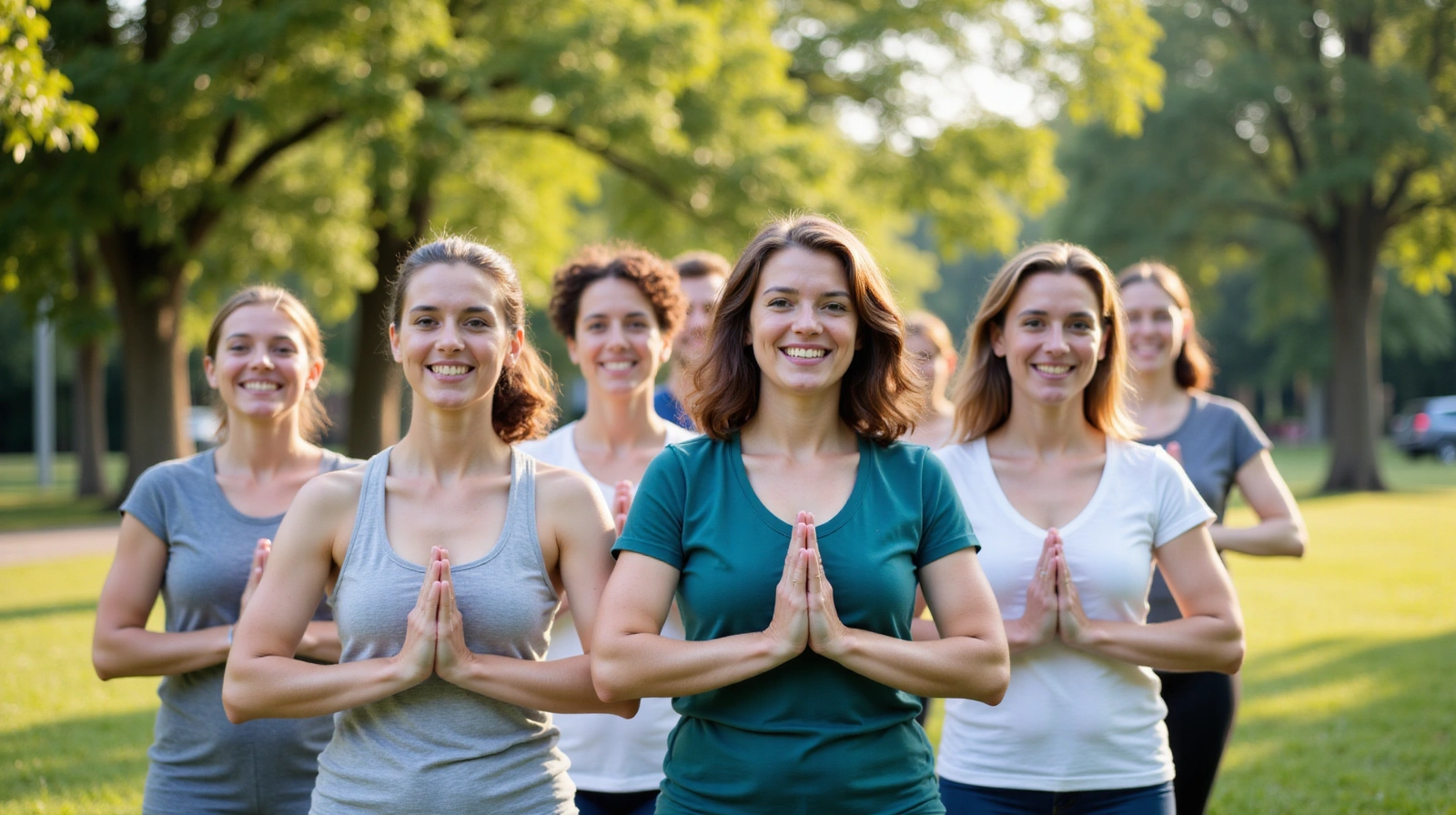 Eine vielfältige Gruppe von Menschen, die gemeinsam Yoga im Freien praktizieren, mit einem Lächeln auf den Gesichtern.